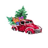 Watercolor hand drawn artistic colorful retro vintage car  with  Santa Christmas  tree and gift boxes  isolated on white backgroun