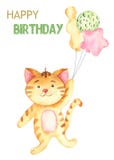 Watercolor happy birthday baby greeting card with ginger cat