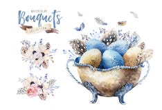 Watercolor happy easter vase illustration with flowers, feathers and eggs. Spring holiday decoration. April boho design.