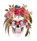 Watercolor human skull in trendy glasses and wreath with flowers and feathers wrapping head vector illustration Watercolor human skull in trendy glasses and wreath with flowers and feathers wrapping head vector illustration