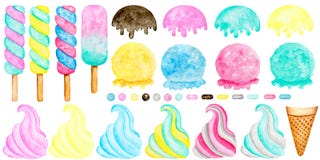 8012 Watercolor ice cream clipart set. Popslice, waffle cone, Scoop, soft ice cream, sprinkling isolated elements