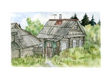 Watercolor illustration of a country cottage. The grey wooden house in the village is surrounded by green trees and