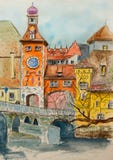 Watercolor illustration with cute houses. Hand drawn European old buildings. Watercolor sketch city landscape stock illustration Watercolor illustration with cute houses. Hand drawn European old buildings. Watercolor sketch city landscape stock illustration