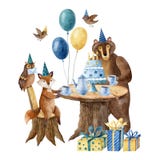 Watercolor illustration with forest animals at the wooden table with balloons