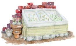Watercolor illustration of a garden composition with a old stone english village greenhouse. Gardening time composition