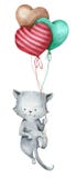 Watercolor illustration of a gray cat with balloons for the design of children&#x27;s knocks, postcards, clothes, fabrics