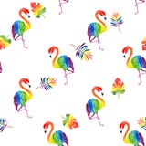 Watercolor illustration pattern of a beautiful tropical exotic rainbow flamingo with tropical rainbow-colored leaves stock photos Watercolor illustration pattern of a beautiful tropical exotic rainbow flamingo with tropical rainbow-colored leaves stock photos