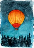 Watercolor illustration of a yellow and red hot air balloon