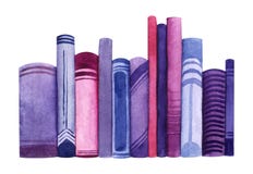 Watercolor image of pile of books isolated on white background. Colorful book spines of blue, pink and purple colors. Hand drawn