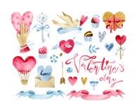 Watercolor vintage Valentine`s day isolated elements set