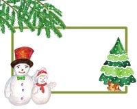 watercolor Kerstmisbeeld met sneeuwmannen, geel varken onder de boom stock illustratie watercolor Kerstmisbeeld met sneeuwmannen, geel varken onder de boom stock illustratie