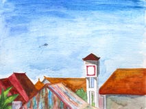 Watercolor landscape - Bali island roof view with water tank and flying kite royalty free illustration Watercolor landscape - Bali island roof view with water tank and flying kite royalty free illustration