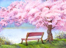 Watercolor Landscape. Bench By River Under Flowering Peach Tree Stock Photo Watercolor Landscape. Bench By River Under Flowering Peach Tree Stock Photo