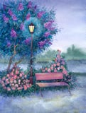 Watercolor Landscape. Glowing Lantern Near The Bench In Spring P Royalty Free Stock Images Watercolor Landscape. Glowing Lantern Near The Bench In Spring P Royalty Free Stock Images