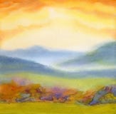 Watercolor landscape. Sunset over mountains stock photography Watercolor landscape. Sunset over mountains stock photography