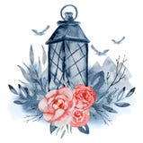 Watercolor Lantern With Red Flowers, Indigo Branches And Leaves, Mountains And Flying Birds Hand Drawn Floral Bouquet Stock Photos