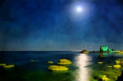 watercolor Mar do Seascape Opini?o da noite do mar do cais da cidade ilustração stock watercolor Mar do Seascape Opini?o da noite do mar do cais da cidade ilustração stock