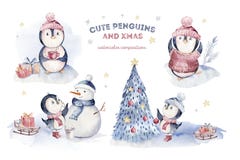 Watercolor merry christmas character penguin illustration. Winter cartoon isolated cute funny animal design card. Snow