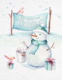 Watercolor Merry Christmas illustration with snowman, holiday cute animals deer, rabbit. Christmas celebration cards stock illustration Watercolor Merry Christmas illustration with snowman, holiday cute animals deer, rabbit. Christmas celebration cards stock illustration