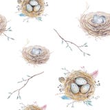 Watercolor natural floral vintage seamless pattern with nests,wreath, eggs and feathers . Art decoration bird illustration.Boho s royalty free illustration Watercolor natural floral vintage seamless pattern with nests,wreath, eggs and feathers . Art decoration bird illustration.Boho s royalty free illustration