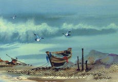 Watercolor painting art class , sea ,wave ,birds, boat