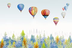 Watercolor painting colorful ballooning on forest mountain