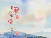 Watercolor painting hot air balloons flying over mountain