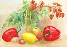 Watercolor painting sketch. Still life with lemon, Apple and pepper royalty free illustration Watercolor painting sketch. Still life with lemon, Apple and pepper royalty free illustration