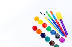 Watercolor Paints And Brush On A White Background. Copy Space. Flat Lay Stock Photo