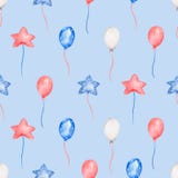 Watercolor party Balloons, 4th of July seamless pattern, Watercolor American Independence Day, Kids Party, Hand drawn paper, red