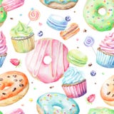 Watercolor pattern with macarons, cupcakes, donuts