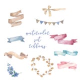 Watercolor ribbons set. Hand drawn stripes or banners for text. Watercolor design elements isolated objects. Beauty