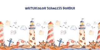 Watercolor seamless border kids cartoon cute lighthouse, boat, anchor. royalty free illustration Watercolor seamless border kids cartoon cute lighthouse, boat, anchor. royalty free illustration