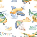Watercolor seamless pattern with cute airplanes, helicopters, airship, balloon. royalty free illustration Watercolor seamless pattern with cute airplanes, helicopters, airship, balloon. royalty free illustration