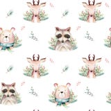 Watercolor seamless pattern with cute baby bear, raccoon and deer cartoon animal portrait design. Winter holiday card on