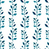 Watercolor seamless pattern. Floral vector hand paint background. Blue twigs, leaves, foliage on white background. For fabric