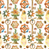 Watercolor Seamless Pattern In Retro Style With Steampunk Elements Stock Photos Watercolor Seamless Pattern In Retro Style With Steampunk Elements Stock Photos