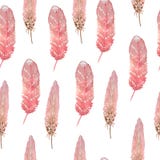 Watercolor seamless pattern with pink and brown boho bohemian feathers. Tribal tribe traditional design. Neutral elegant