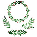 Watercolor set with a simple Christmas wreath of green leaves and red berries. several watercolor elements for festive design, fra