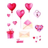 Watercolor St Valentines Day set. Romantic pink hearts, gift box, envelope. For card, design, print or background Stock Photos Watercolor St Valentines Day set. Romantic pink hearts, gift box, envelope. For card, design, print or background Stock Photos