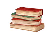 Watercolor stack of books illustration. Red, green, brown book for knowledge day design, back to school decor, greeting cards,