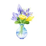Watercolor Textured Composition With Vase Of Spring Flowers Stock Images