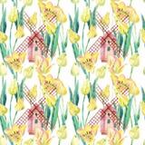 Watercolor tulips field with old windmills. Blooming tulips season in Holland. Watercolor floral seamless pattern vintage inspired. Hand painted illustration vector illustration Watercolor tulips field with old windmills. Blooming tulips season in Holland. Watercolor floral seamless pattern vintage inspired. Hand painted illustration vector illustration