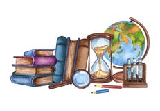 Watercolor vintage science equipment of globe, microscope, books. Hand drawn illustration. School set