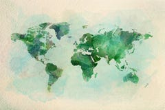 Watercolor vintage world map in green colors