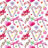Watercolour Seamless Pattern With Candies, Lollipops, Heart And Stars On A White Background Royalty Free Stock Image