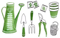 Watercolourgartenarbeitwerkzeugikonen Stockfotografie Watercolourgartenarbeitwerkzeugikonen Stockfotografie