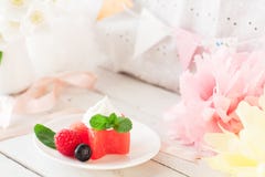 Watermelon Stars With Berries And Ice Cream, Birthday Decoration Stock Photography