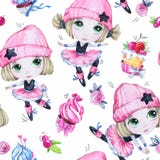 Waterverf naadloos patroon Balletmeisjes met zoete cakes Dansende prinsessen tiener De partij van de vieringsverjaardag stock illustratie Waterverf naadloos patroon Balletmeisjes met zoete cakes Dansende prinsessen tiener De partij van de vieringsverjaardag stock illustratie