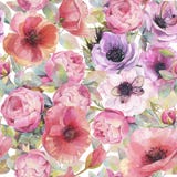 Waterverf naadloos patroon met bloemen, anemonen, papavers, rozen en vlinders Romantisch botanisch behang stock illustratie Waterverf naadloos patroon met bloemen, anemonen, papavers, rozen en vlinders Romantisch botanisch behang stock illustratie
